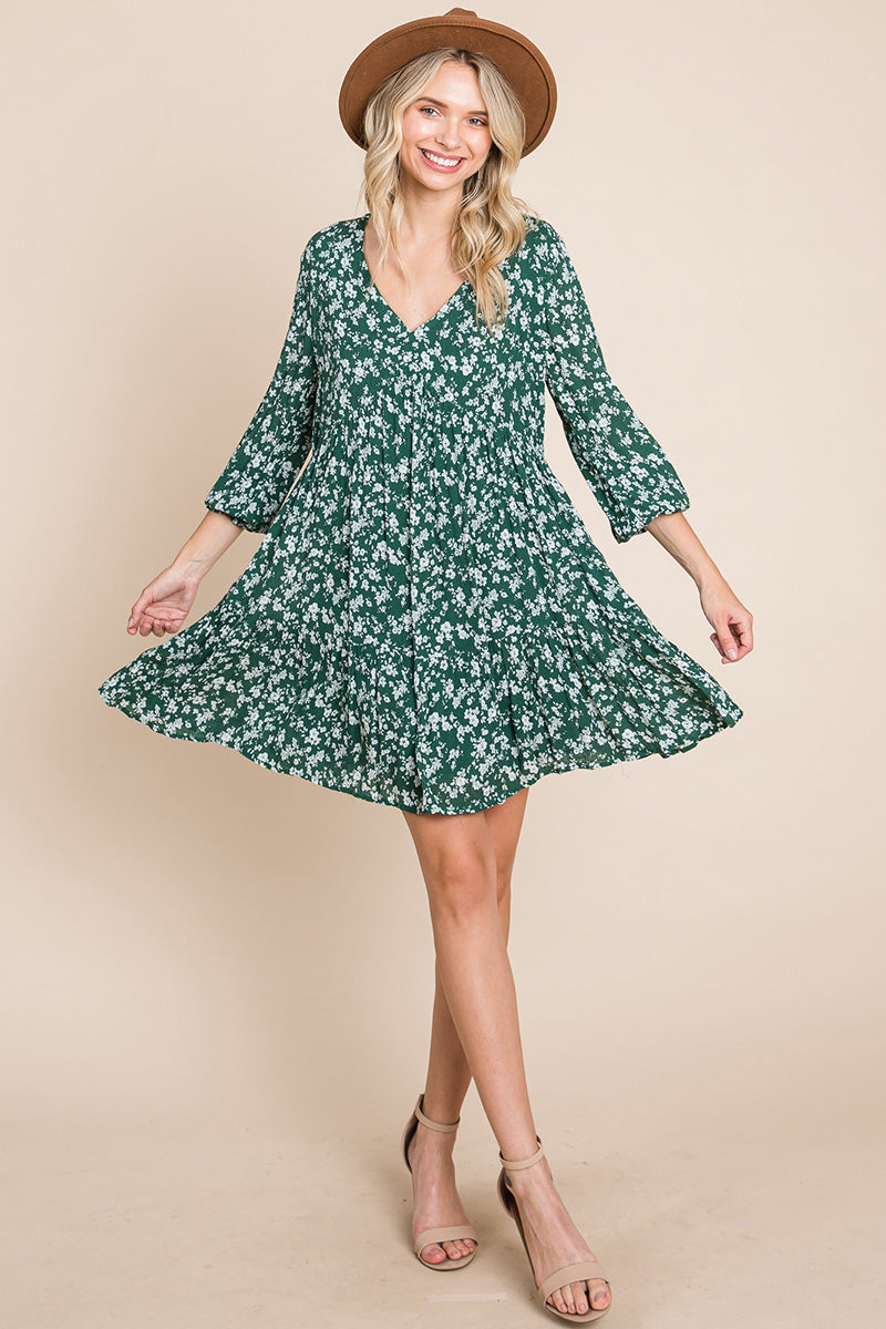 Floral Printed Long Sleeve Pleated Dress - Fortunate Lemon Shop