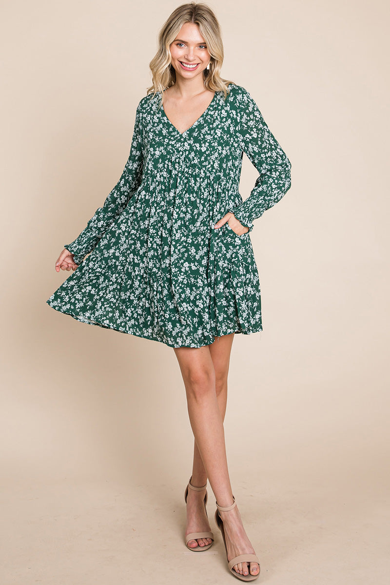 Floral Printed Long Sleeve Pleated Dress - Fortunate Lemon Shop