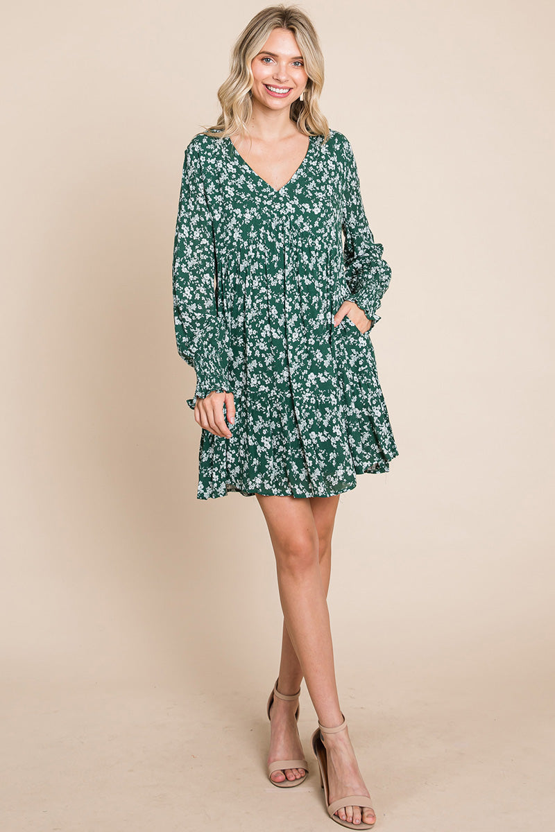 Floral Printed Long Sleeve Pleated Dress - Fortunate Lemon Shop