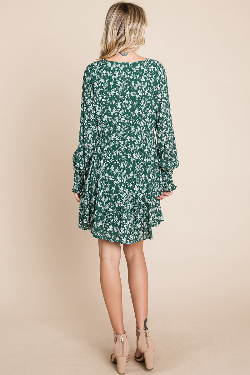 Floral Printed Long Sleeve Pleated Dress - Fortunate Lemon Shop