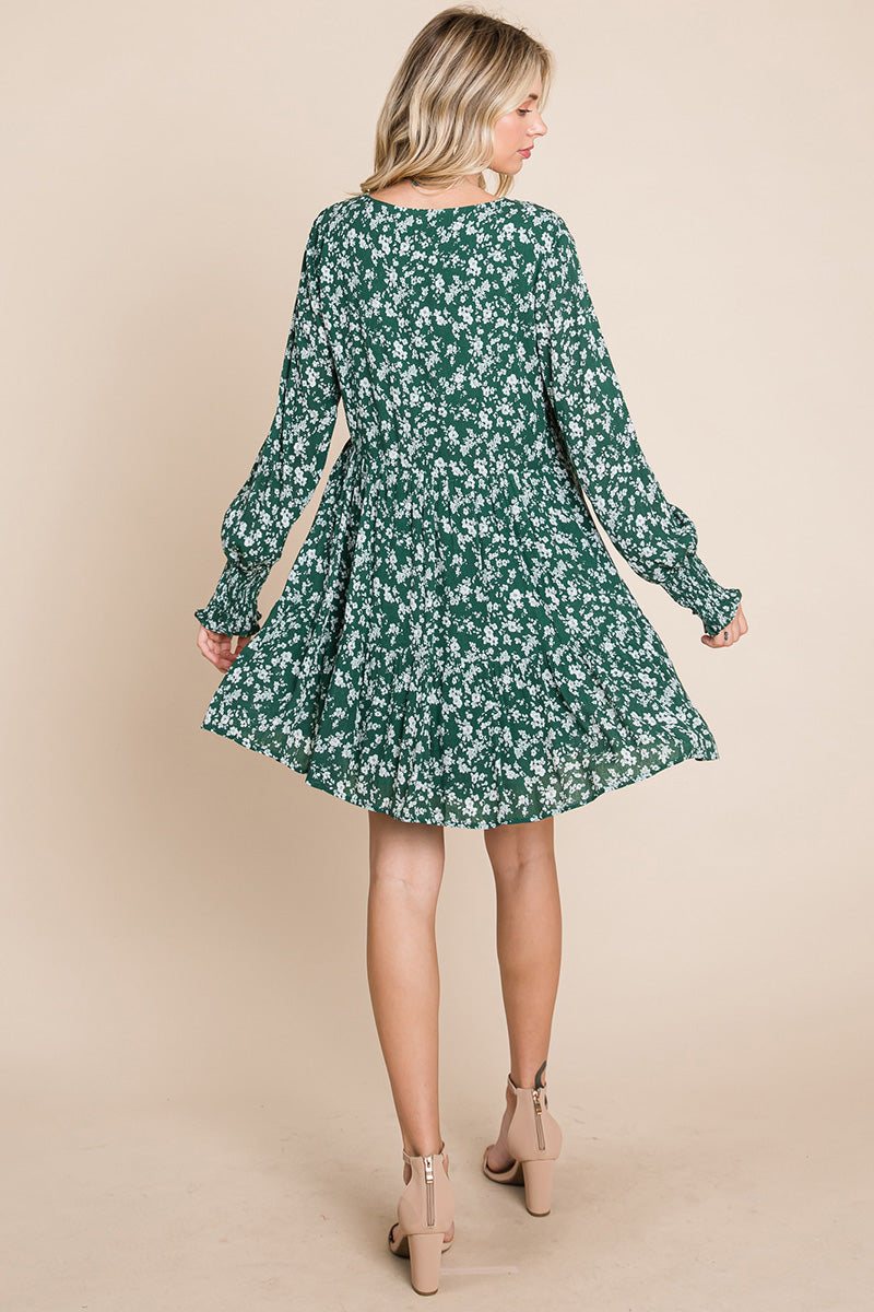 Floral Printed Long Sleeve Pleated Dress - Fortunate Lemon Shop