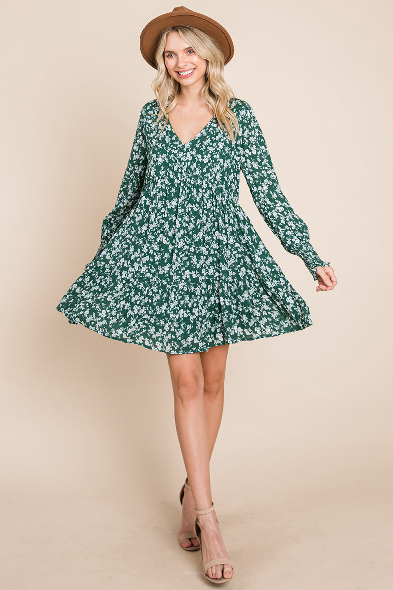 Floral Printed Long Sleeve Pleated Dress - Fortunate Lemon Shop