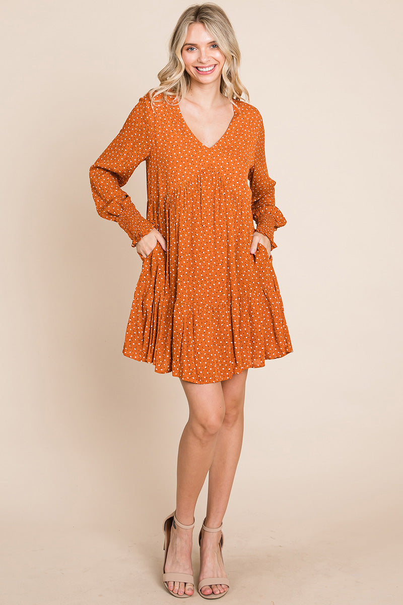 Floral Printed Long Sleeve Pleated Dress - Fortunate Lemon Shop