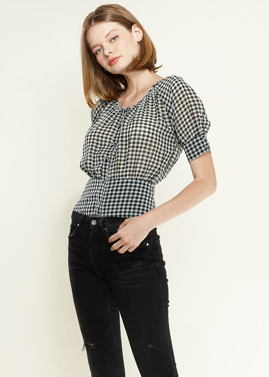 Chic Gingham Peplum Cropped Blouse in Black