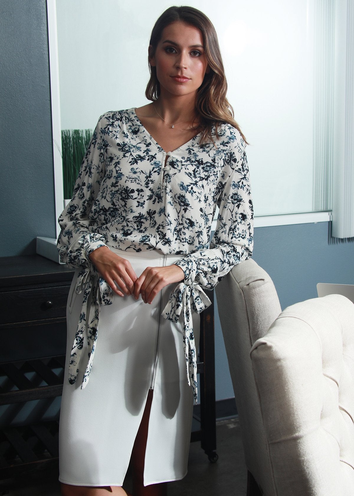 V-neck Tie Cuff Blouse In Ivory Floral Garden - Fortunate Lemon Shop