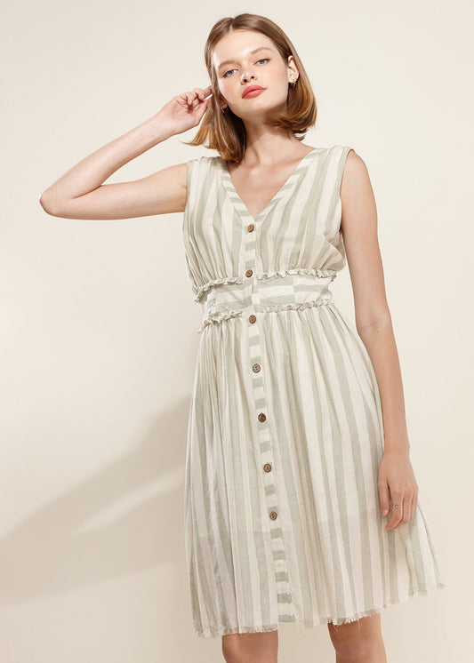 Sleeveless Button-Down Stripe Dress in Sage