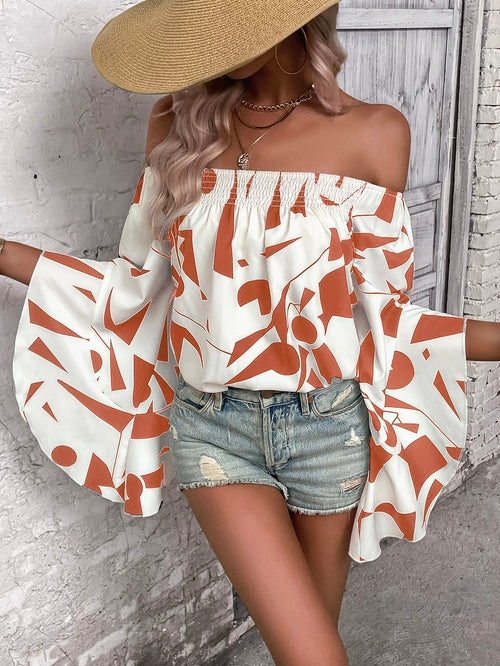 Printed Off-Shoulder Bell Sleeve Blouse - Fortunate Lemon Shop