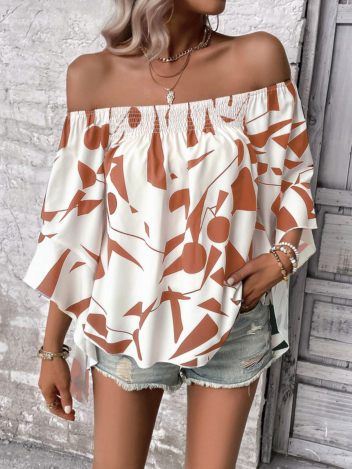 Printed Off-Shoulder Bell Sleeve Blouse - Fortunate Lemon Shop