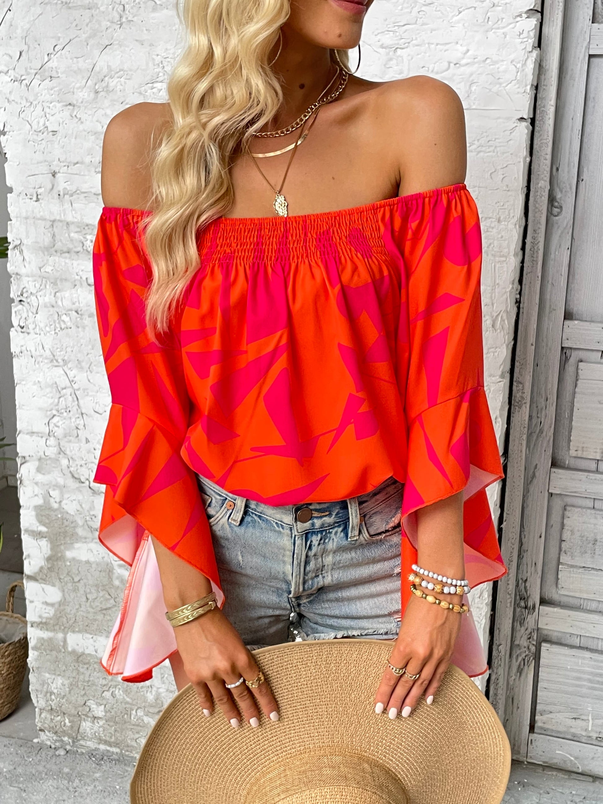 Printed Off-Shoulder Bell Sleeve Blouse - Fortunate Lemon Shop