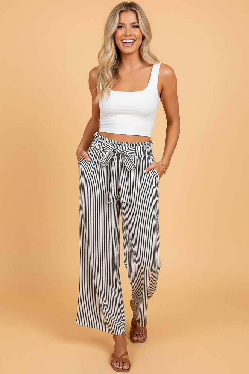 Stripe Tied High Waist Straight Leg Pants - Fortunate Lemon Shop