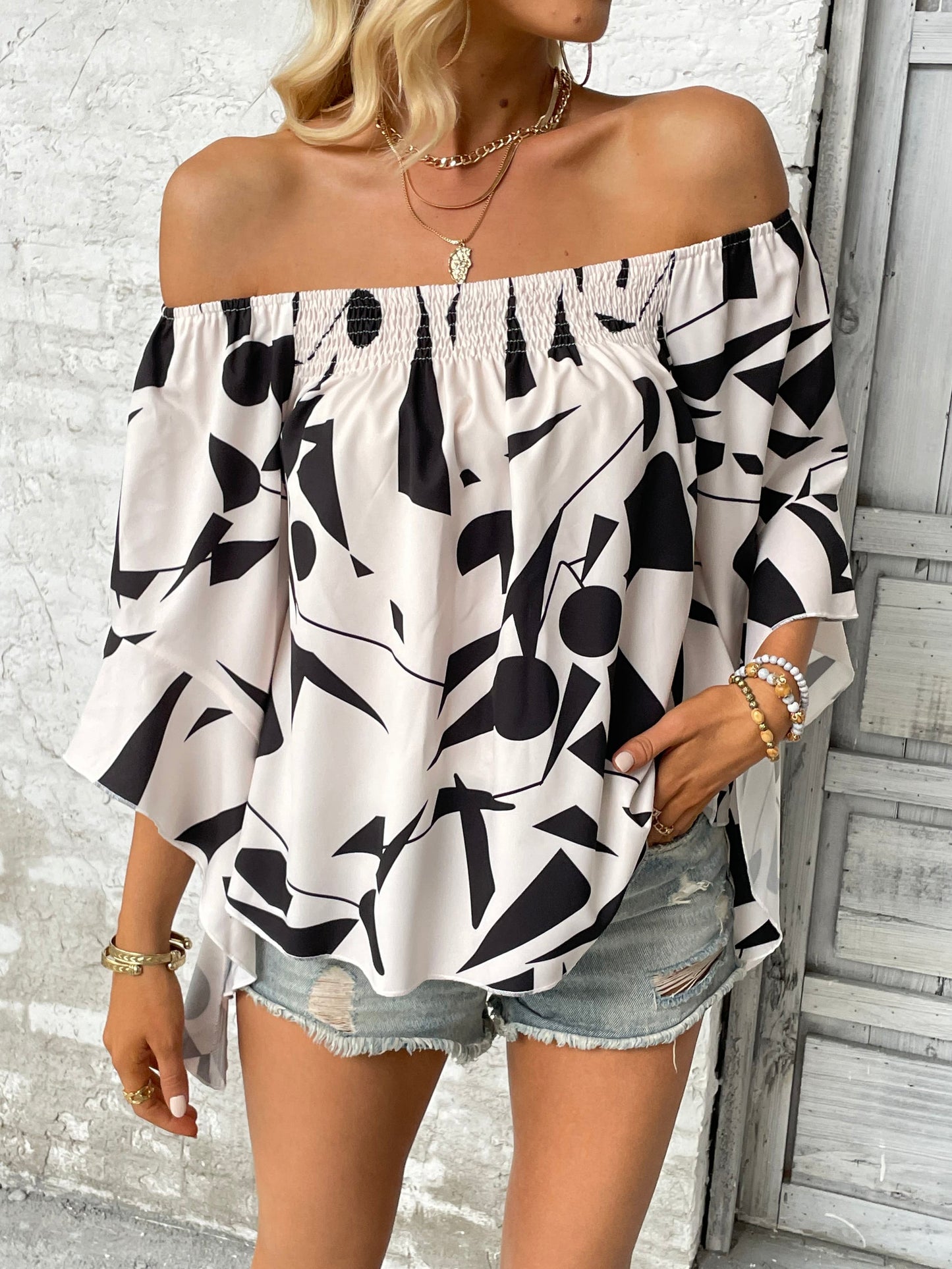 Printed Off-Shoulder Bell Sleeve Blouse - Fortunate Lemon Shop