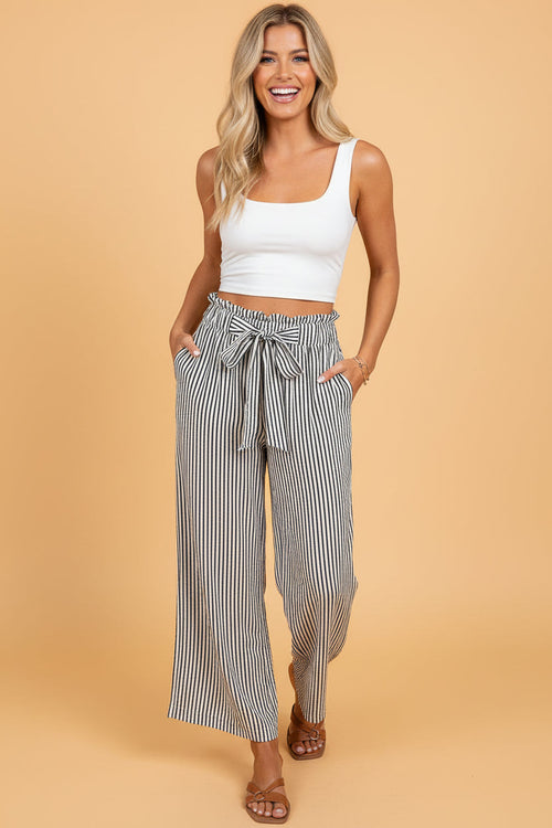 Stripe Tied High Waist Straight Leg Pants - Fortunate Lemon Shop