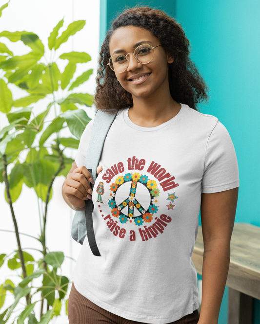 Vintage T-Shirt – "Save the World, Raise a Hippie" Peace Sign Floral Design - Fortunate Lemon Shop