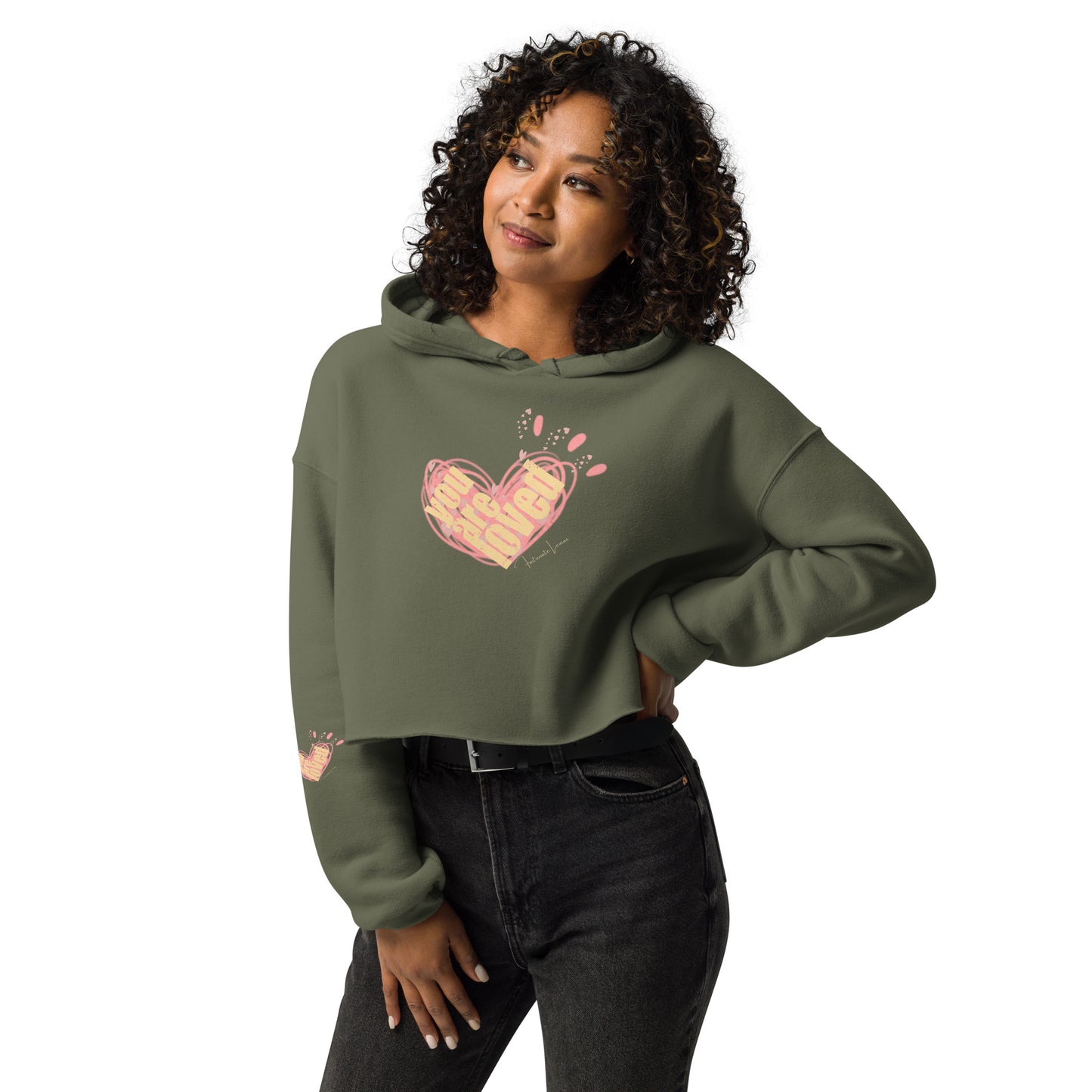 You are Loved Crop Hoodie Military Green