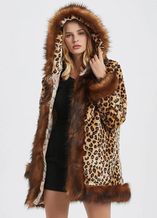 Leopard Print Hooded Faux Fur Collar Jacket - Fortunate Lemon Shop
