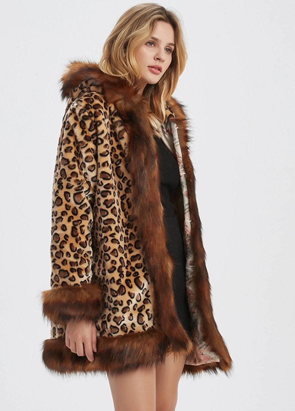 Leopard Print Hooded Faux Fur Collar Jacket - Fortunate Lemon Shop