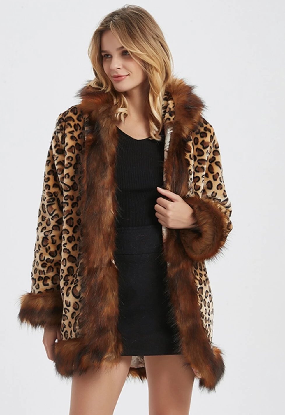 Leopard Print Hooded Faux Fur Collar Jacket - Fortunate Lemon Shop
