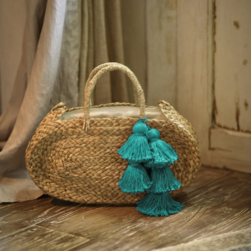 Oval Luna Straw Tote Bag - with Cerulean Blue Tassels - Fortunate Lemon Shop